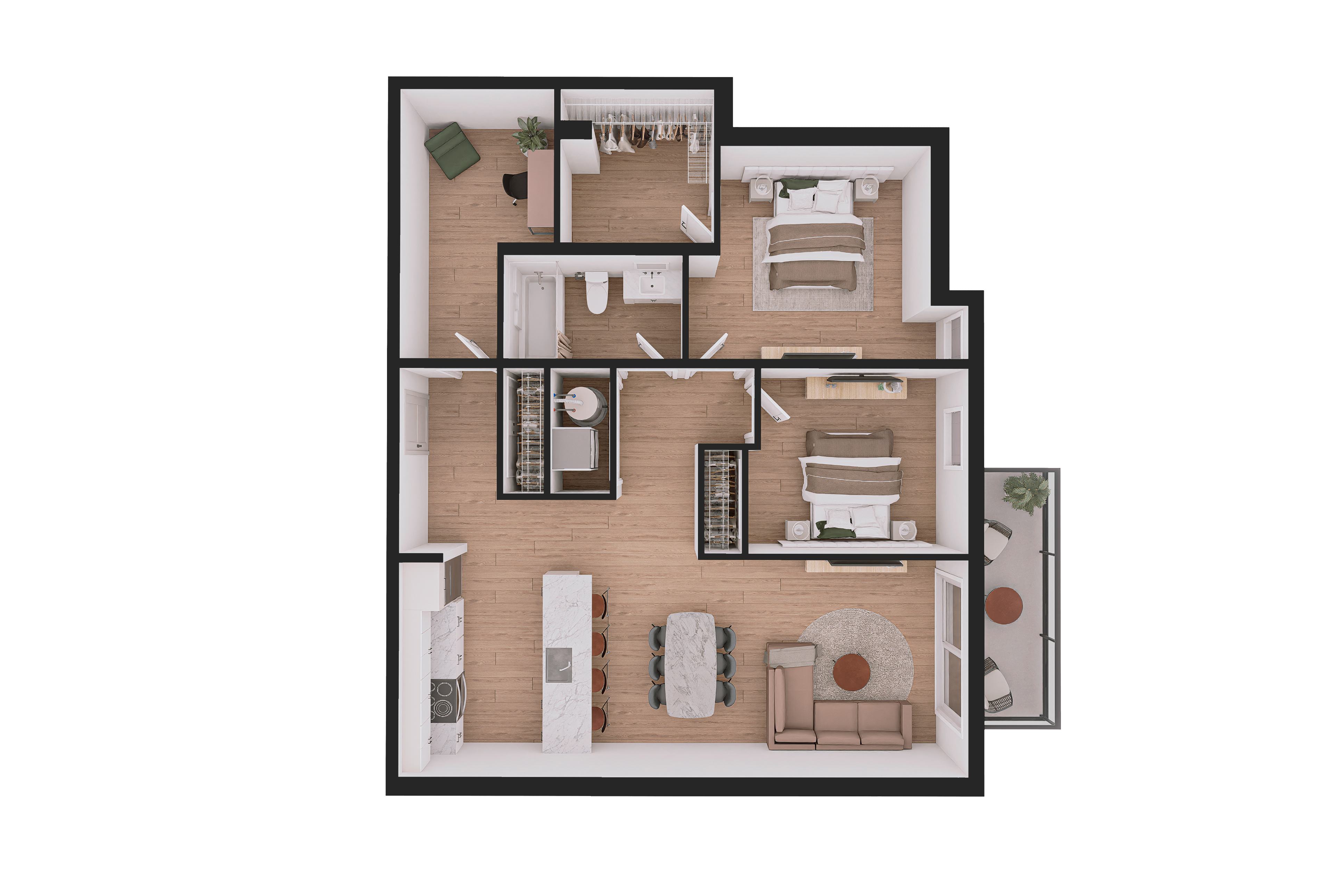 Floor plan for 2 beds, 1 bath, 1005 sqft